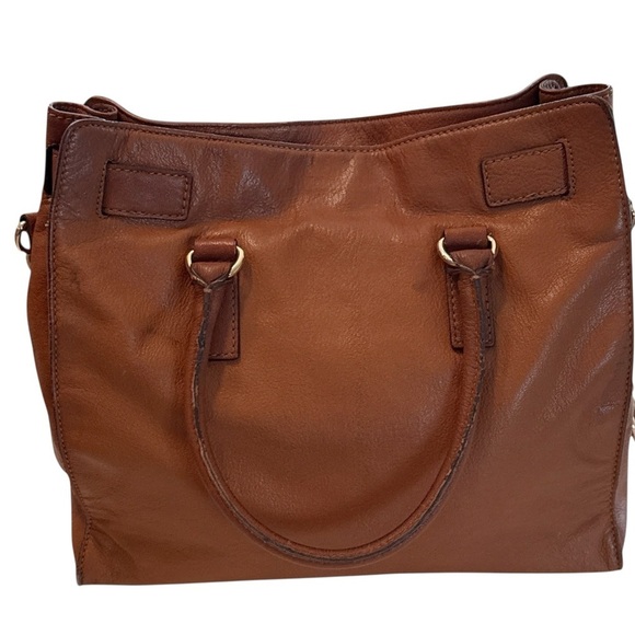 Michael MICHAEL East West Brown Leather With Gold Lock Shoulder Bag Satchel Tote - Picture 2 of 11